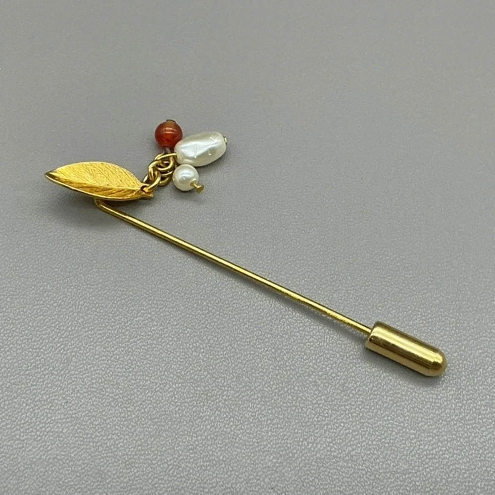 Stick Pin Women Gold Tone Leaf Faux Pearl Red Bead Dangle Vintage Lapel 2.5 Inch